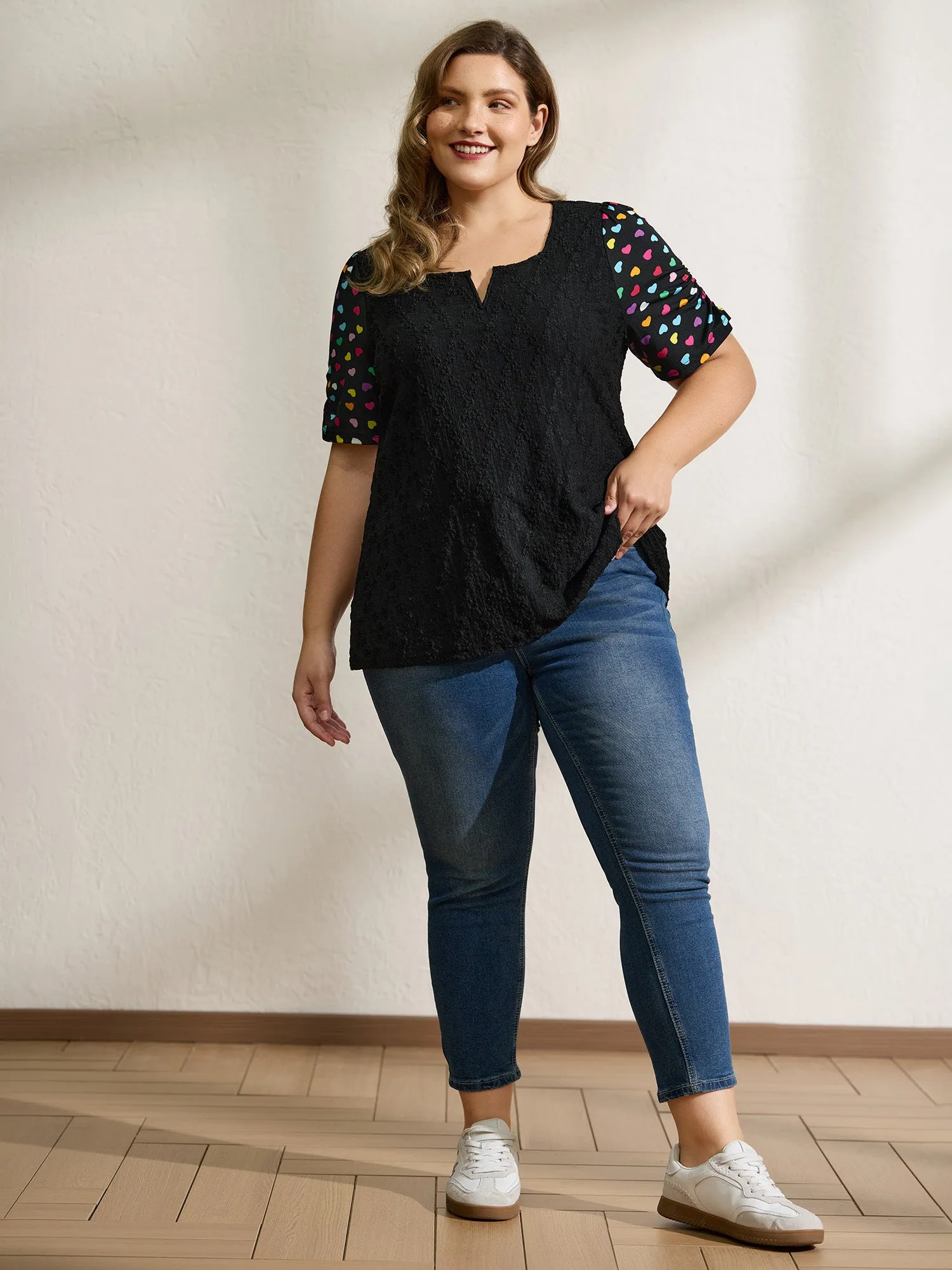 Colorful Hearts Textured Split Neck Knit Top sold by Bloomchic product image thumbnail 3