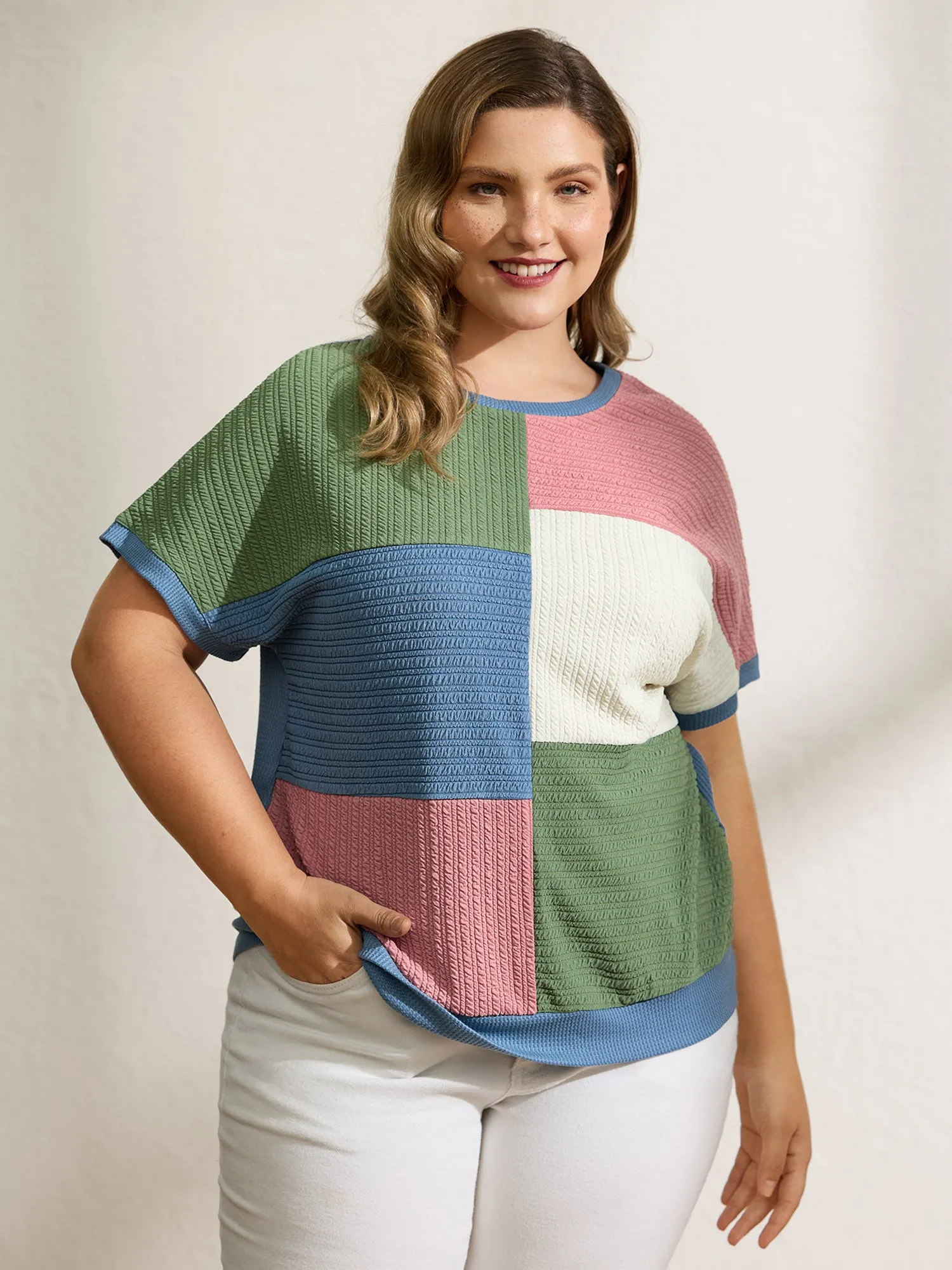 Colorblock Textured Round Neck T-Shirt sold by Bloomchic