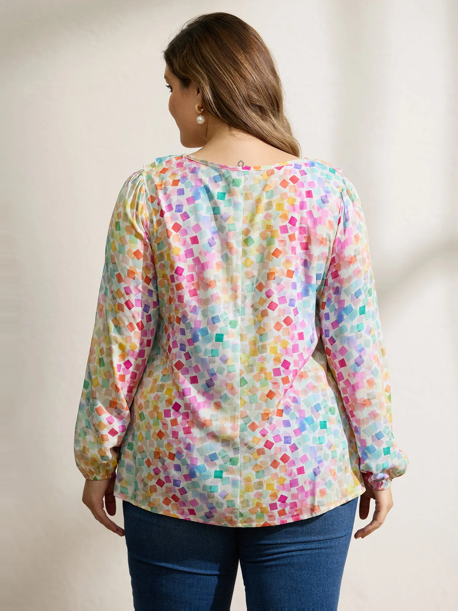Ruffled Neckline Colorful Geometric Rayon Blouse sold by Bloomchic product image thumbnail 4