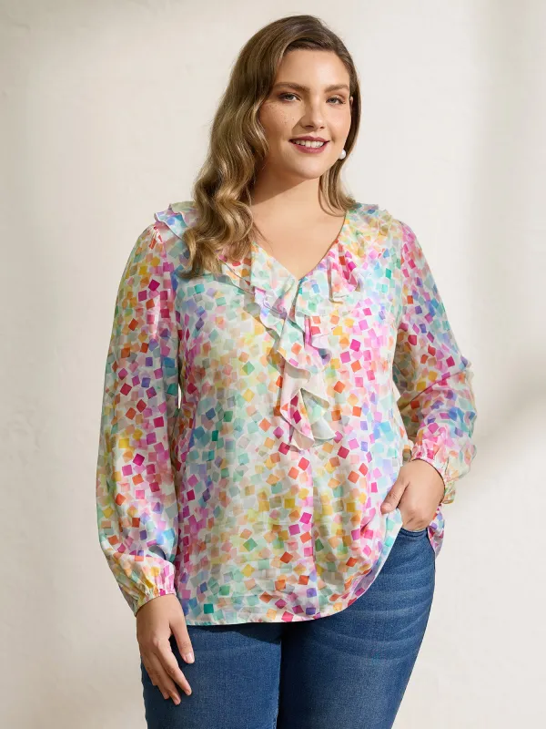 Ruffled Neckline Colorful Geometric Rayon Blouse sold by Bloomchic