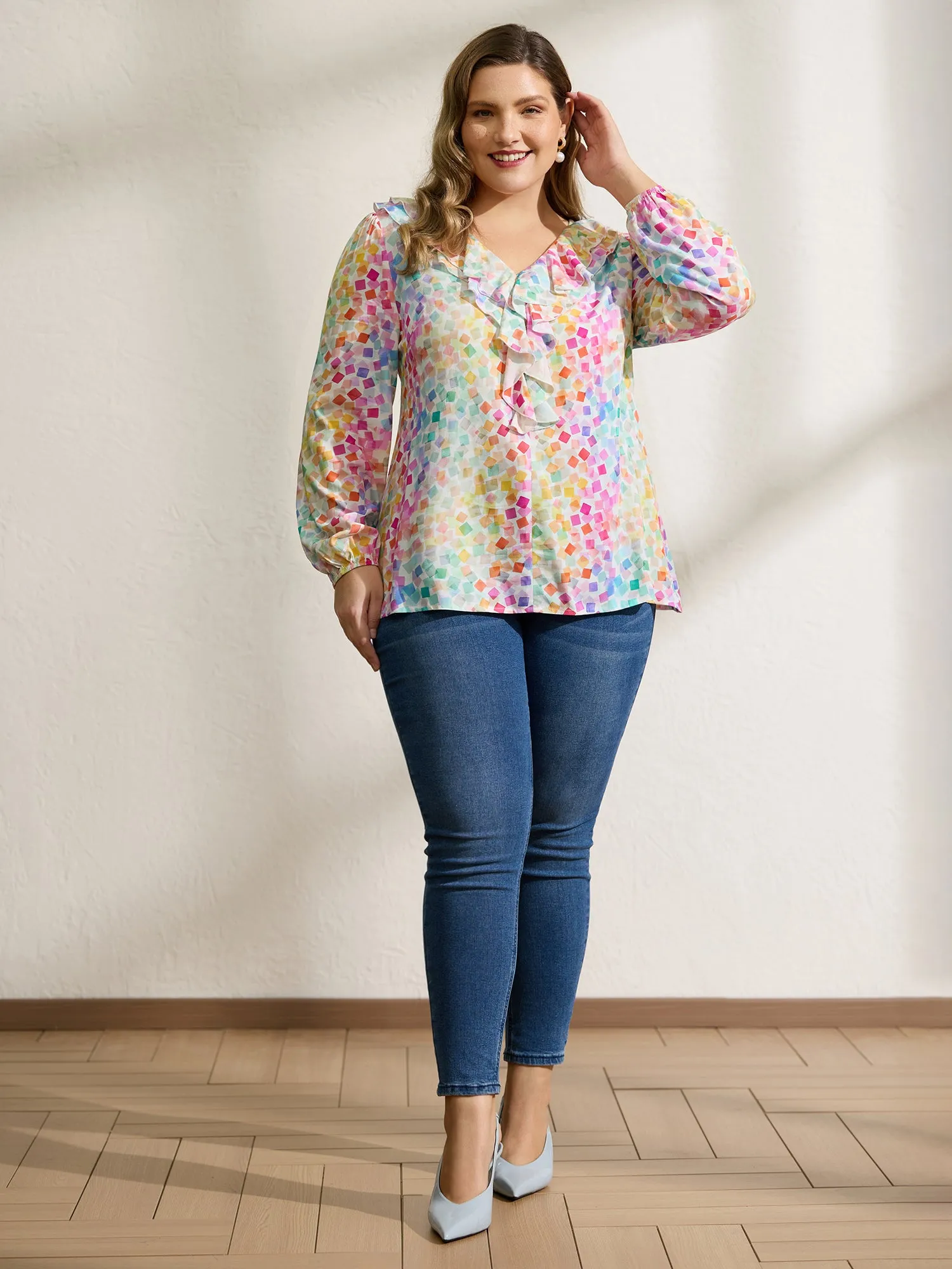 Ruffled Neckline Colorful Geometric Rayon Blouse sold by Bloomchic product image thumbnail 3