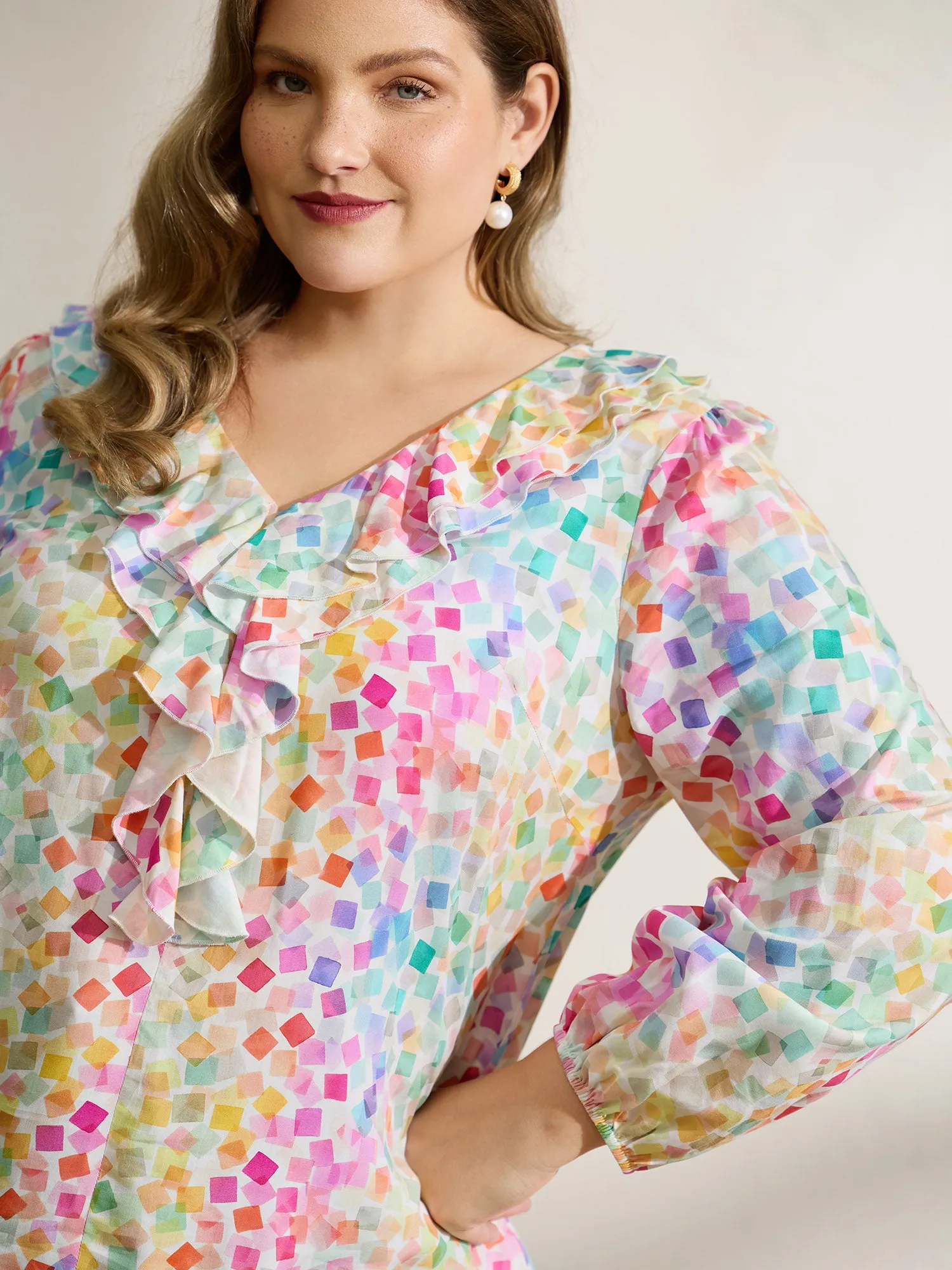 Ruffled Neckline Colorful Geometric Rayon Blouse sold by Bloomchic product image thumbnail 2