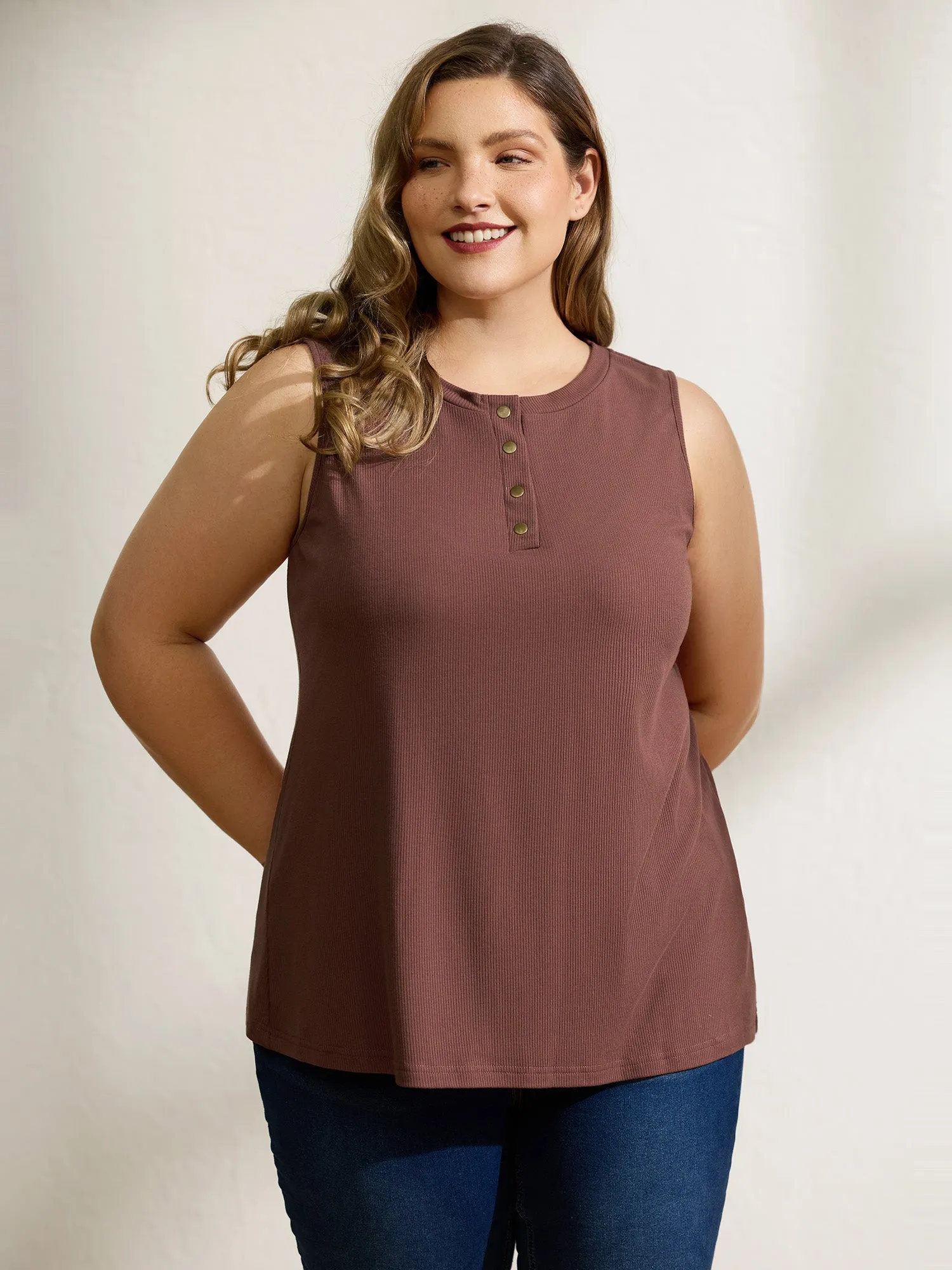 Half Button Placket Drape Tank Top sold by Bloomchic
