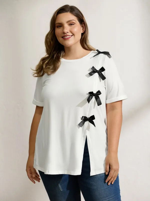 Bowknot Slit Round Neck T-Shirt sold by Bloomchic