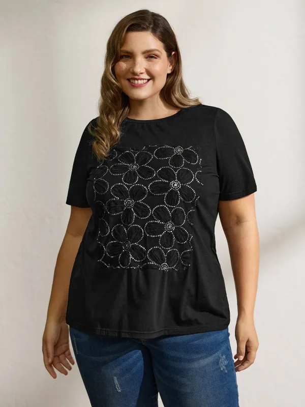 Shimmery Floral Pattern Round Neck T-Shirt sold by Bloomchic