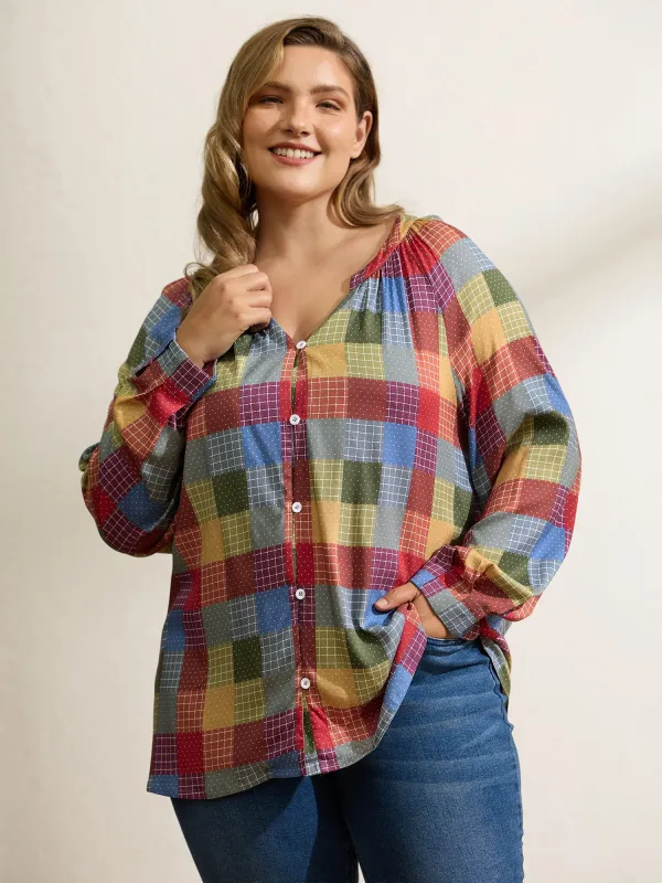 Colorful Check Print Button Relaxed-Fit Blouse sold by Bloomchic