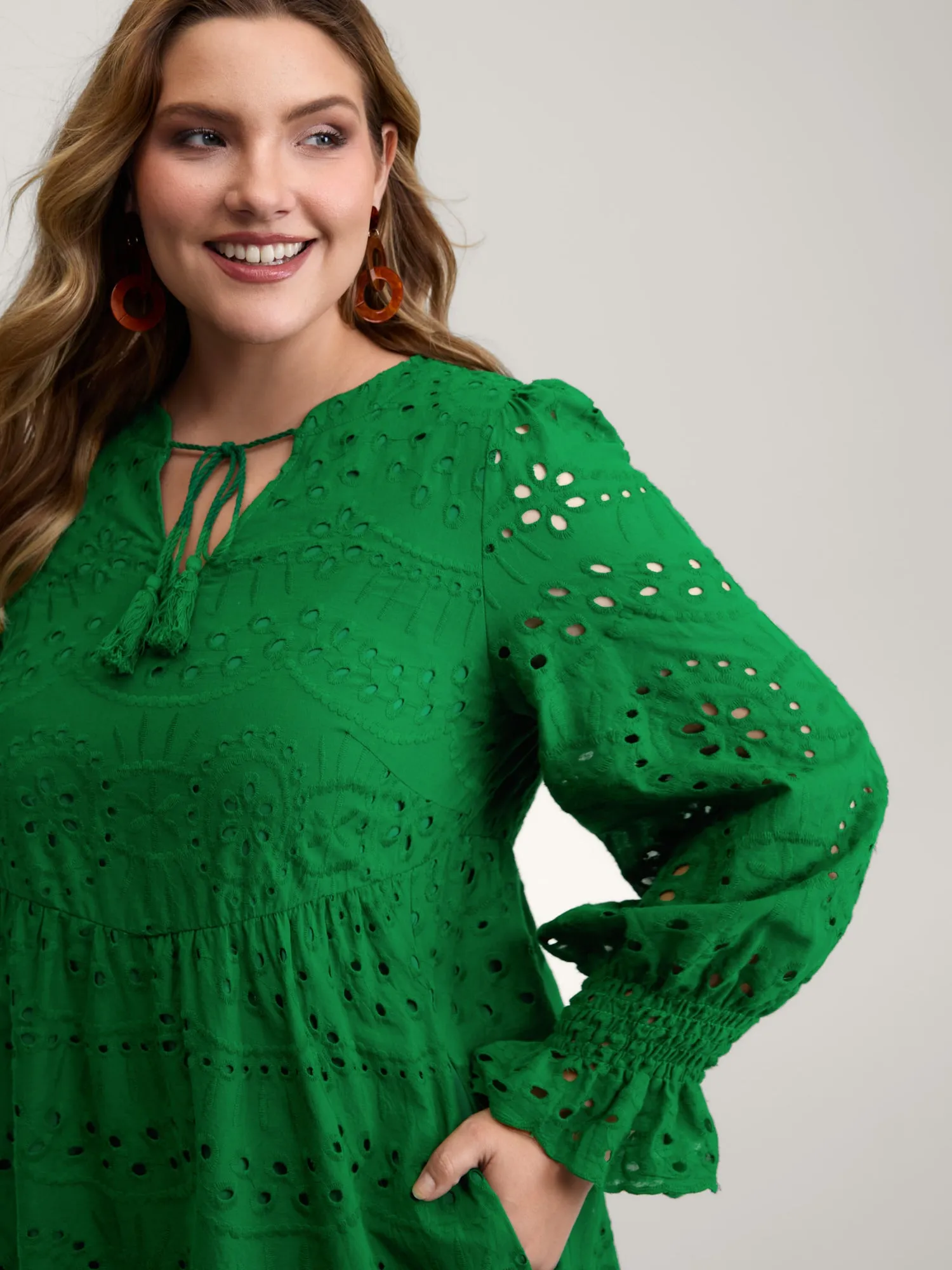 Eyelet Embroidery Shirred Cuffs Midi Dress sold by Bloomchic product image thumbnail 2