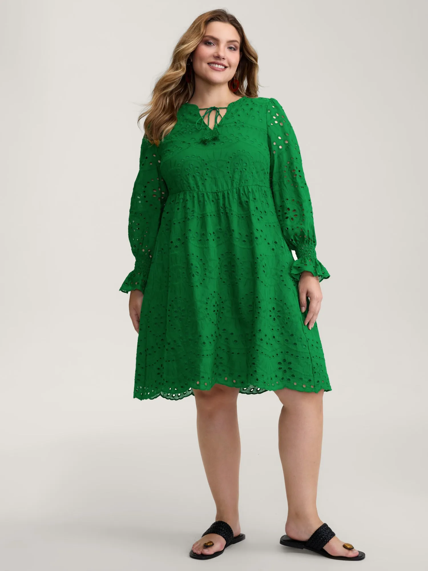 Eyelet Embroidery Shirred Cuffs Midi Dress sold by Bloomchic product image thumbnail 3