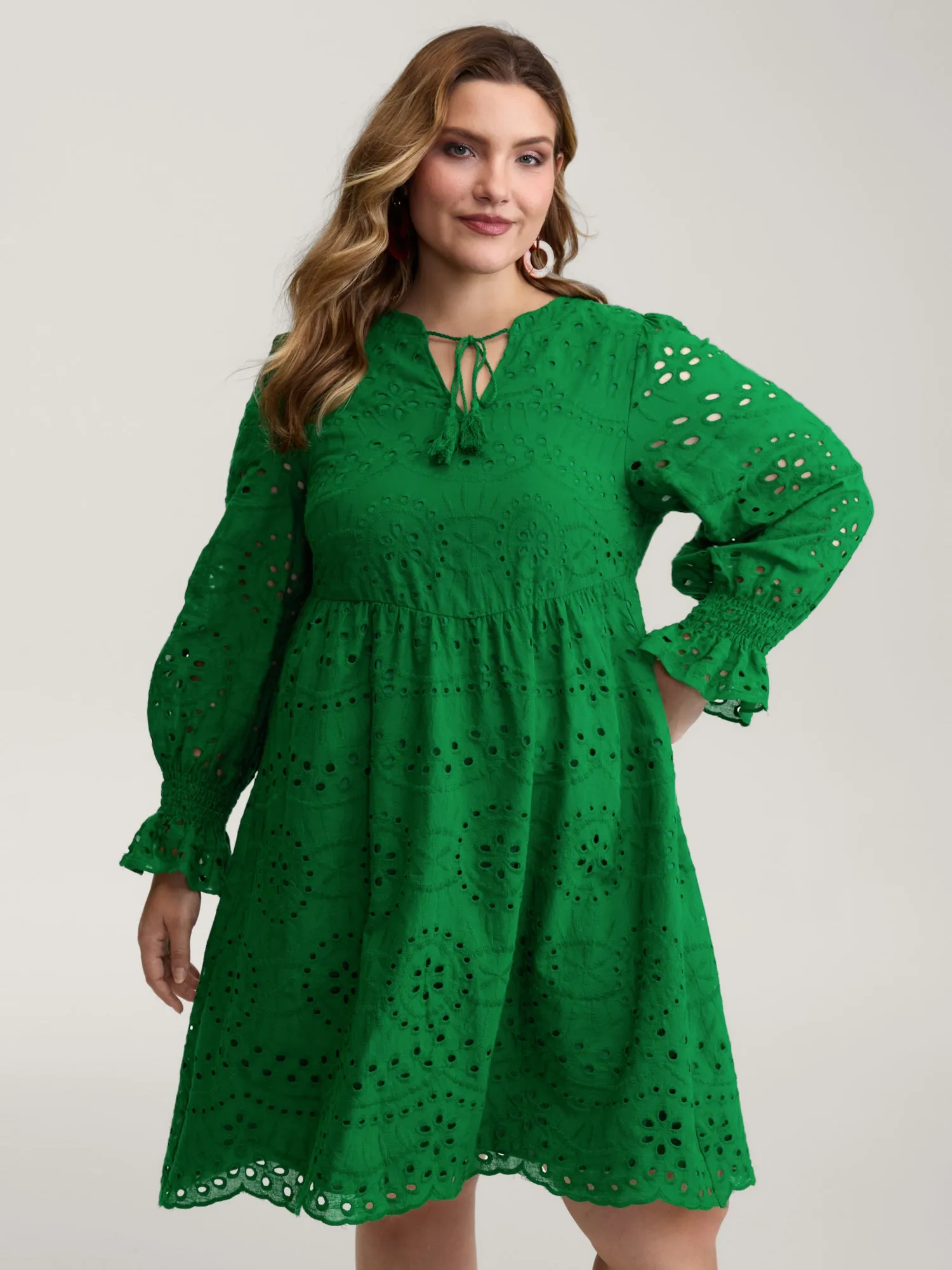 Eyelet Embroidery Shirred Cuffs Midi Dress sold by Bloomchic