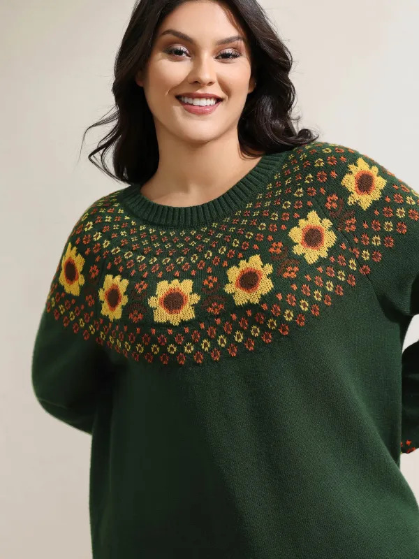 Fair Isle Floral Pattern Ribbed Hem Pullover sold by Bloomchic