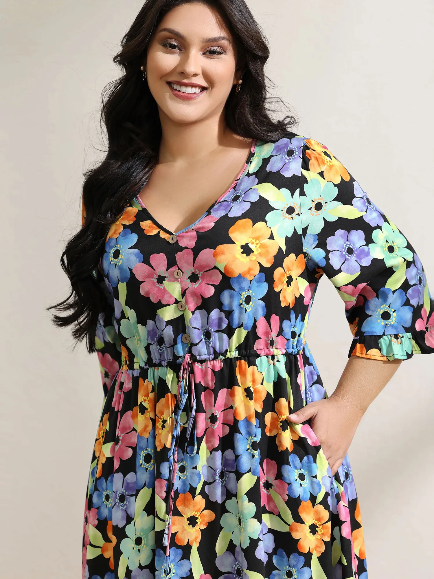 Floral Print Ruffled Drawstring Pockets Midi Dress sold by Bloomchic product image thumbnail 2