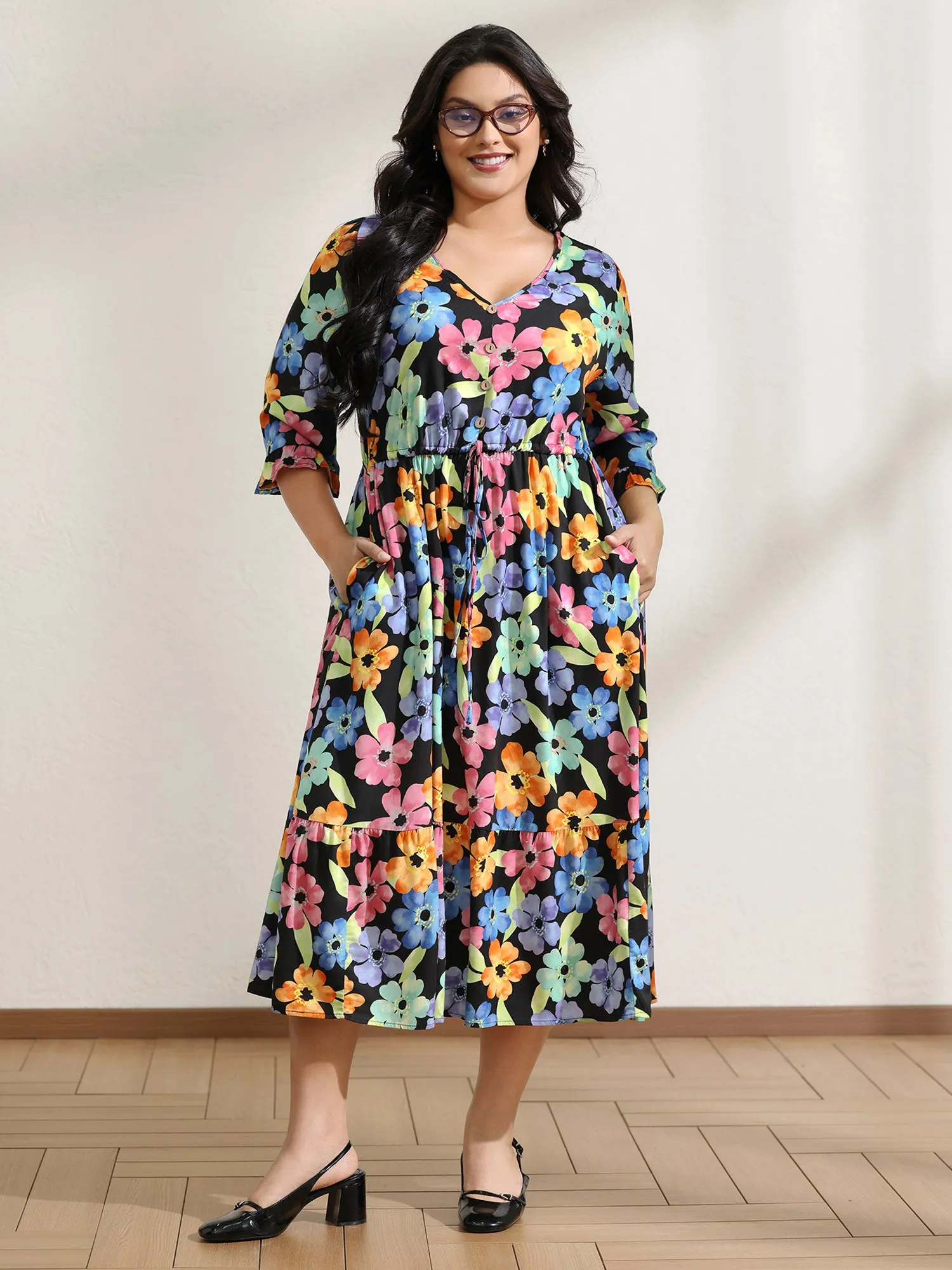 Floral Print Ruffled Drawstring Pockets Midi Dress sold by Bloomchic