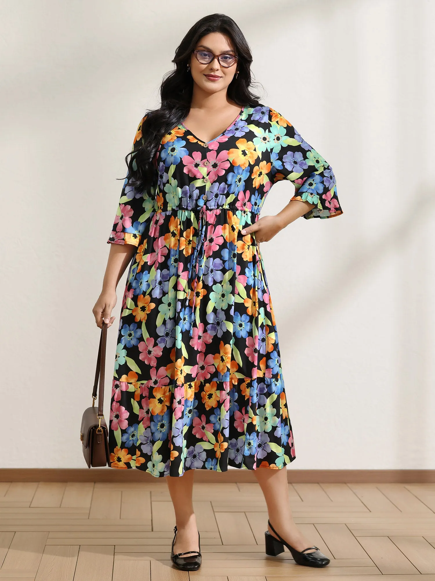 Floral Print Ruffled Drawstring Pockets Midi Dress sold by Bloomchic product image thumbnail 3