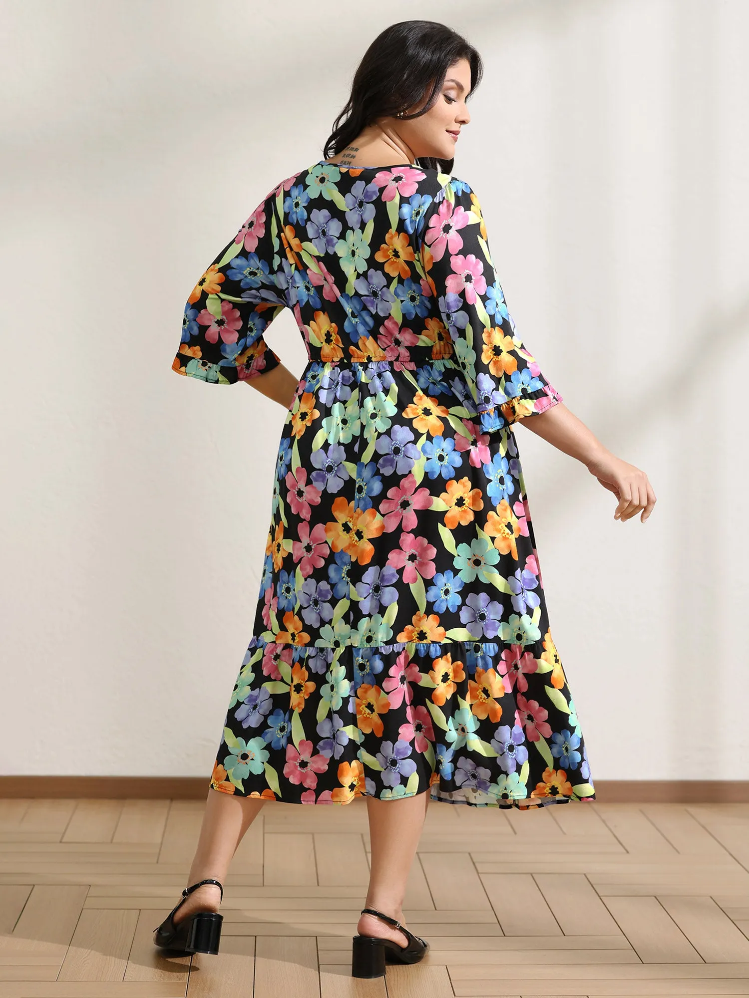 Floral Print Ruffled Drawstring Pockets Midi Dress sold by Bloomchic product image thumbnail 4