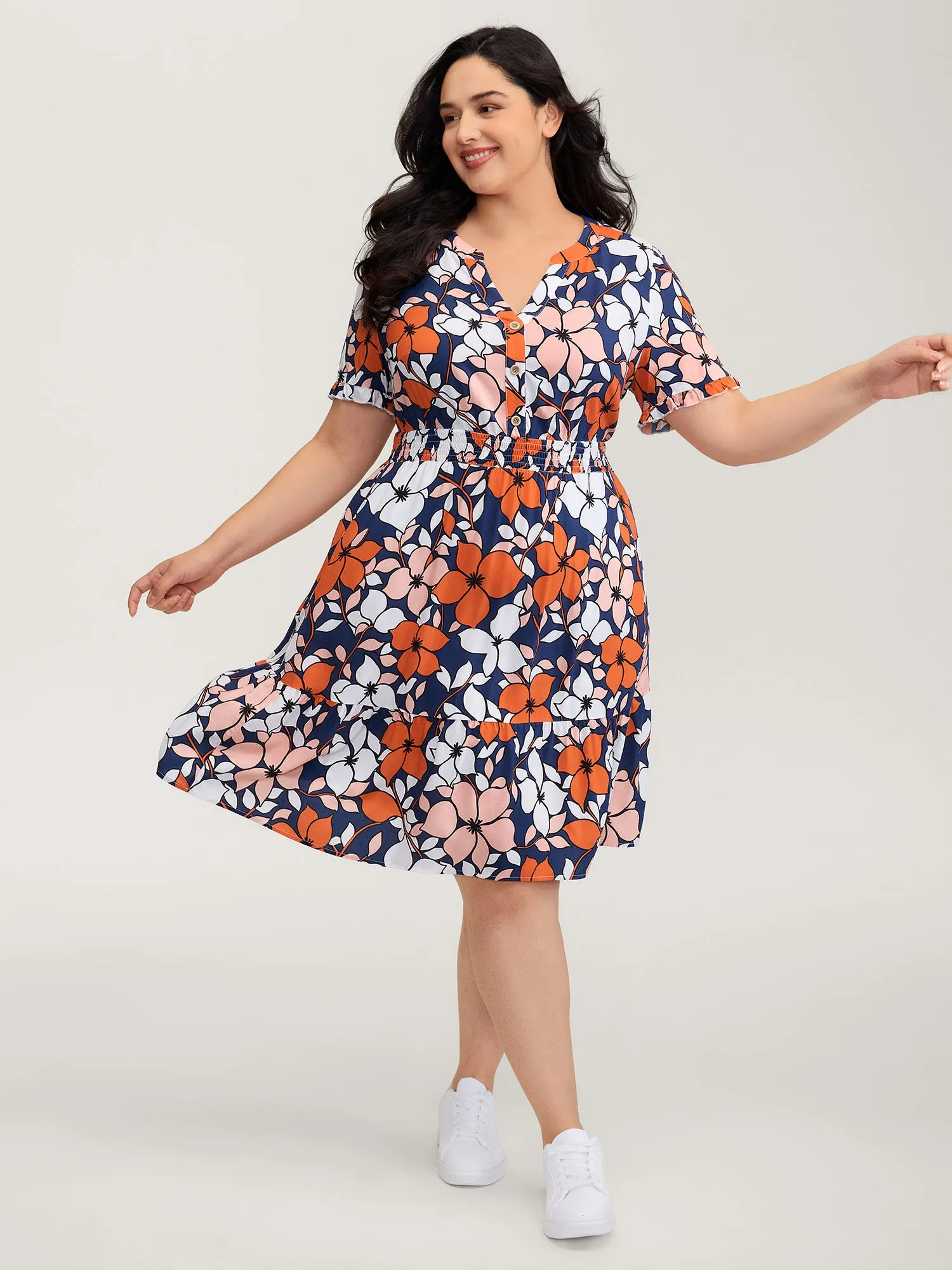 Floral Print Shirred Notched Neckline Midi Dress sold by Bloomchic product image thumbnail 3