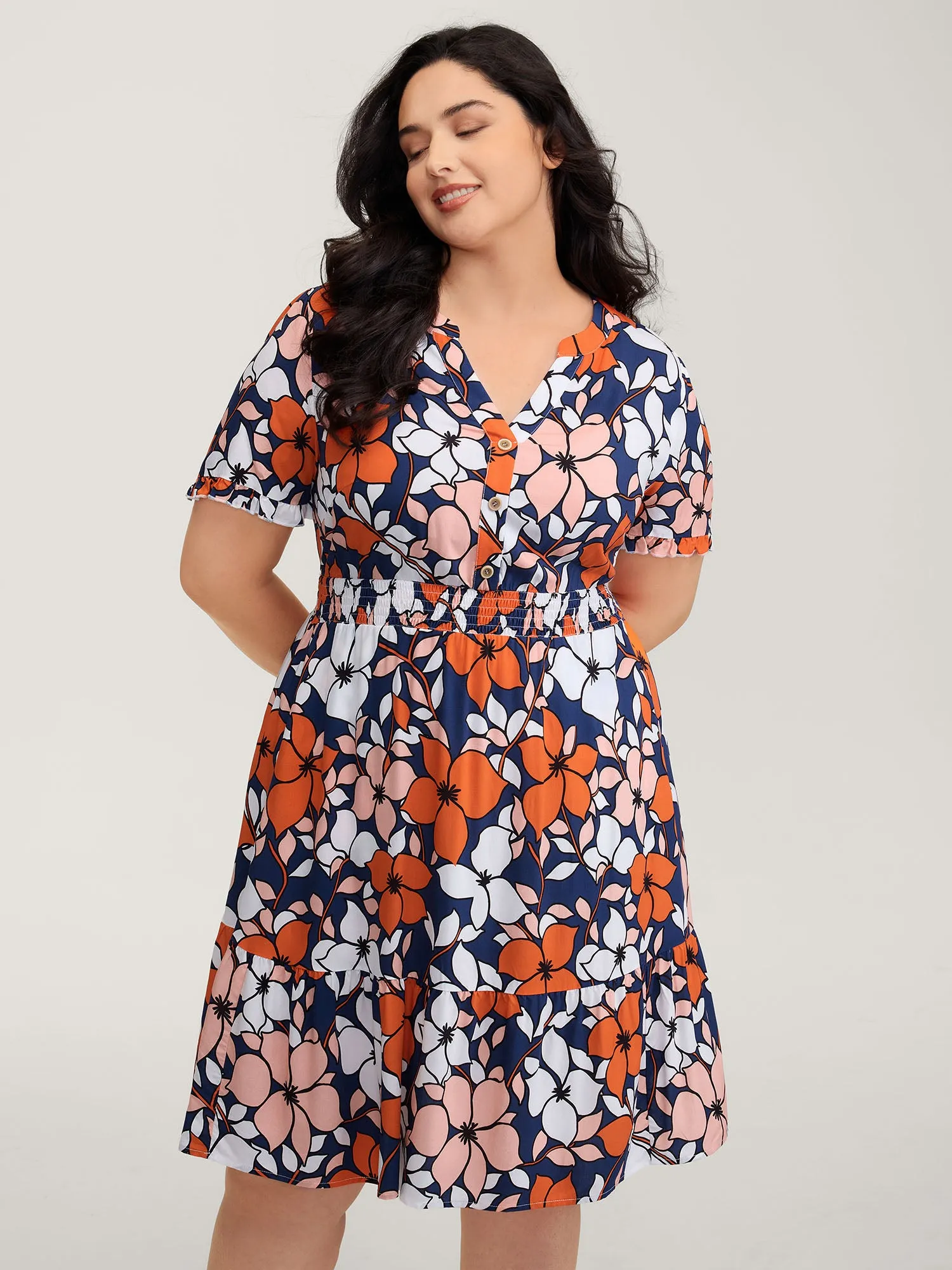 Floral Print Shirred Notched Neckline Midi Dress sold by Bloomchic