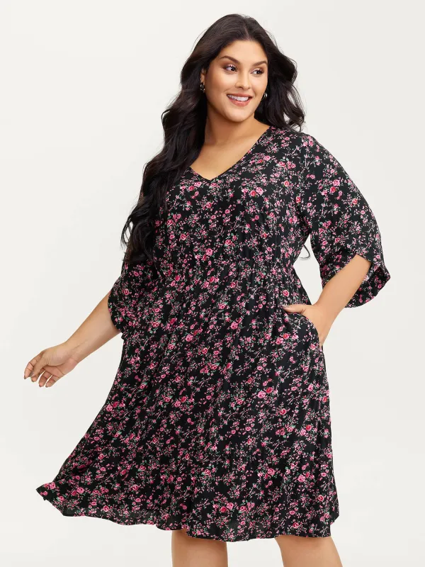 Rayon Floral Bell Sleeve Pockets Midi Dress sold by Bloomchic