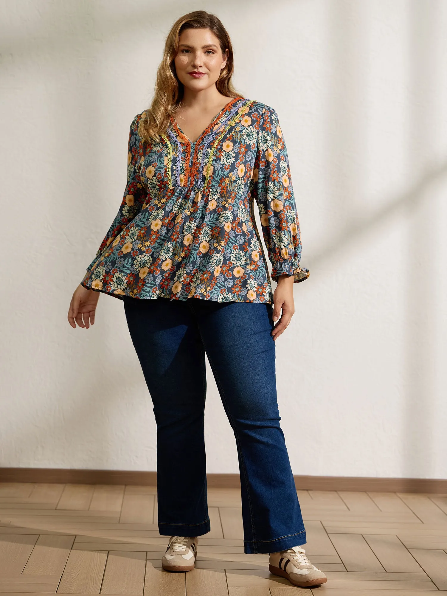 Cozy Floral Print Lace Trim Blouse sold by Bloomchic product image thumbnail 3