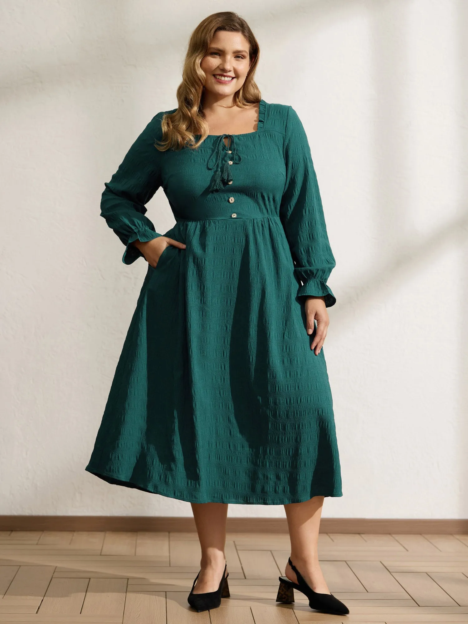 Textured Ruffled Neck Shirred Drawstring Midi Dress sold by Bloomchic product image thumbnail 3