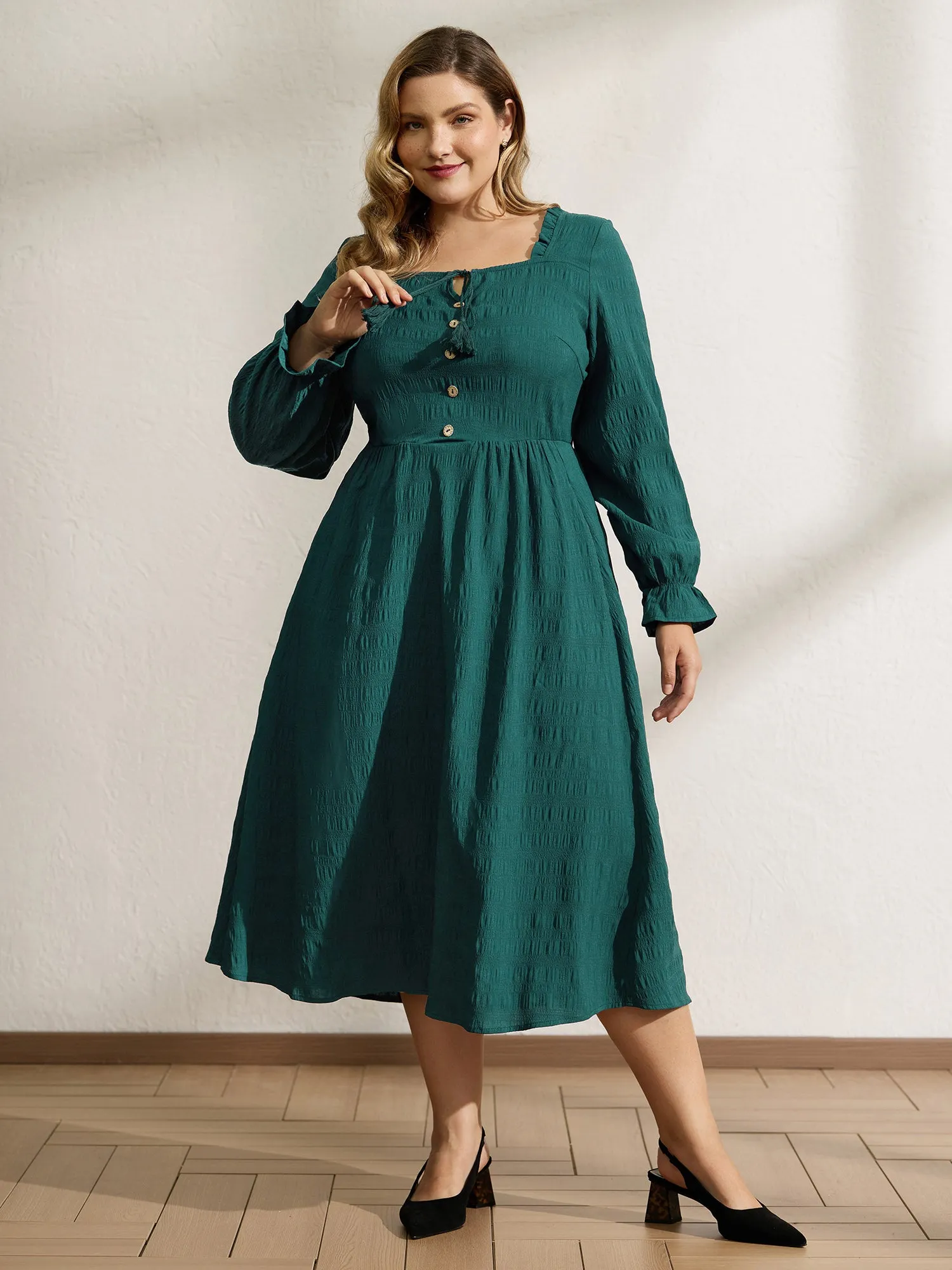 Textured Ruffled Neck Shirred Drawstring Midi Dress sold by Bloomchic