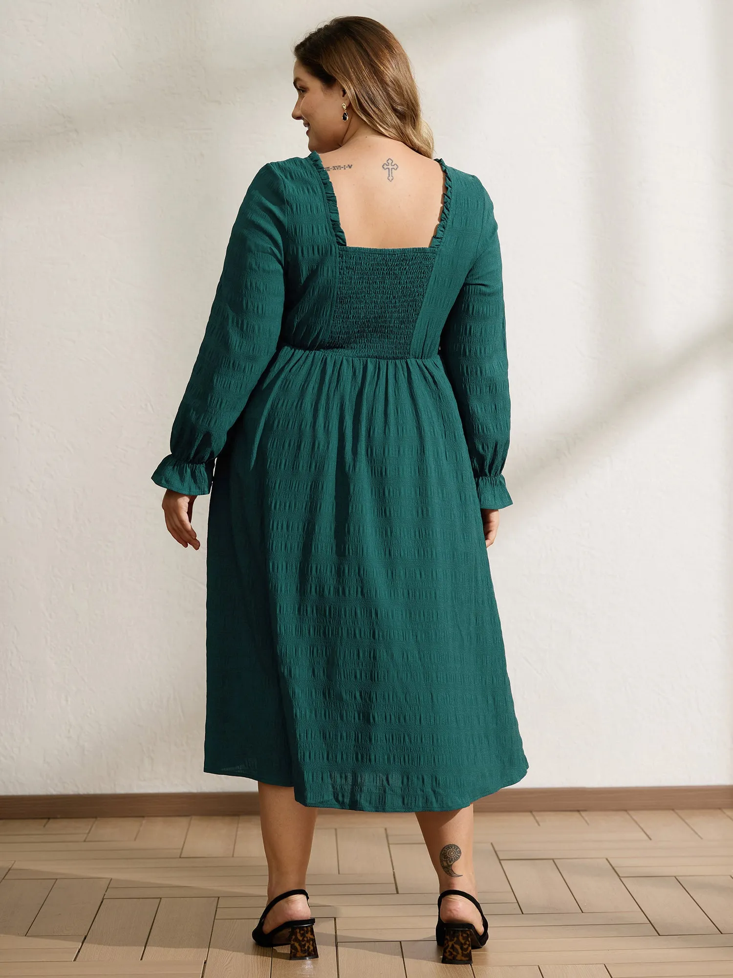 Textured Ruffled Neck Shirred Drawstring Midi Dress sold by Bloomchic product image thumbnail 4