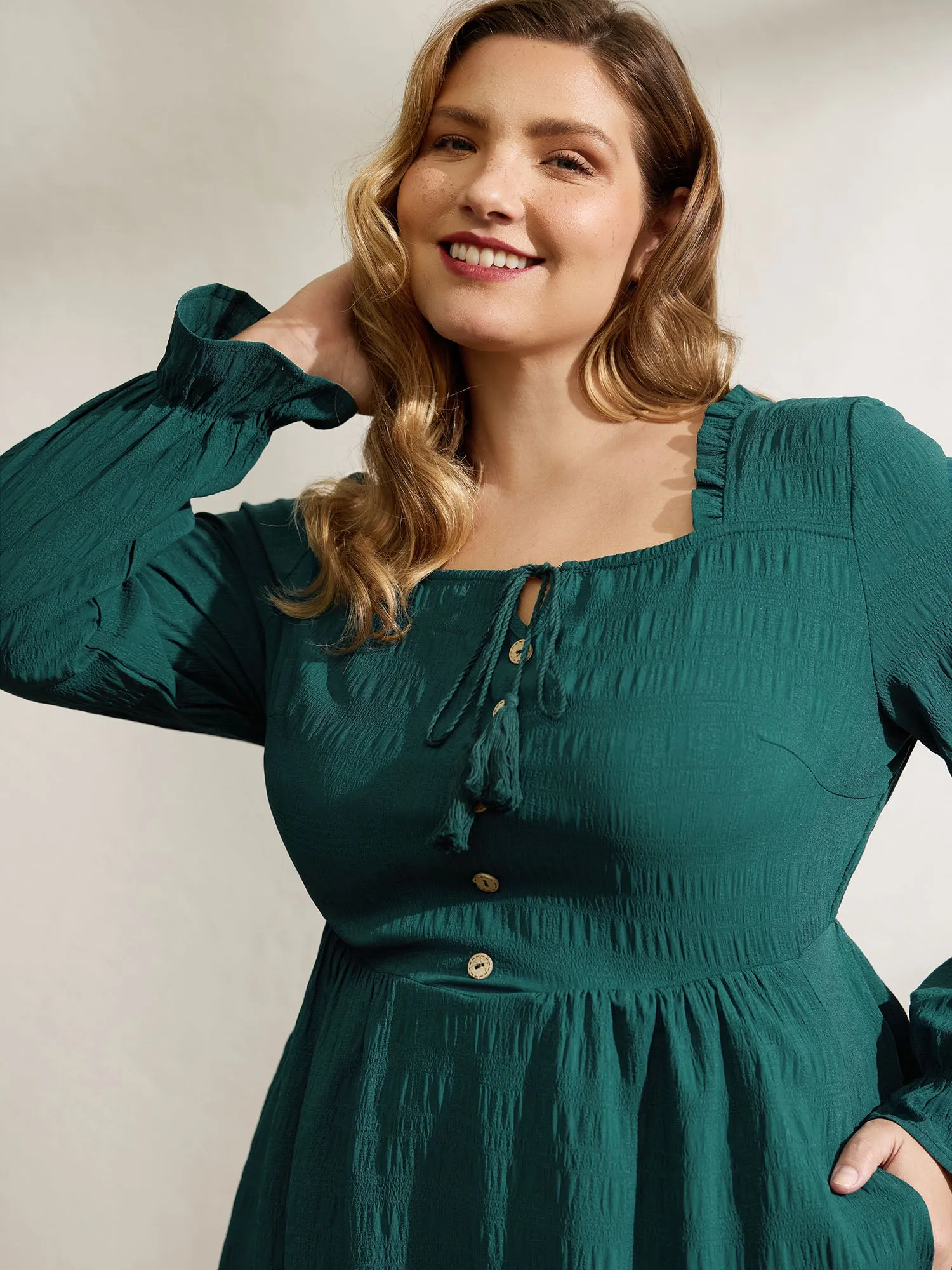 Textured Ruffled Neck Shirred Drawstring Midi Dress sold by Bloomchic product image thumbnail 2