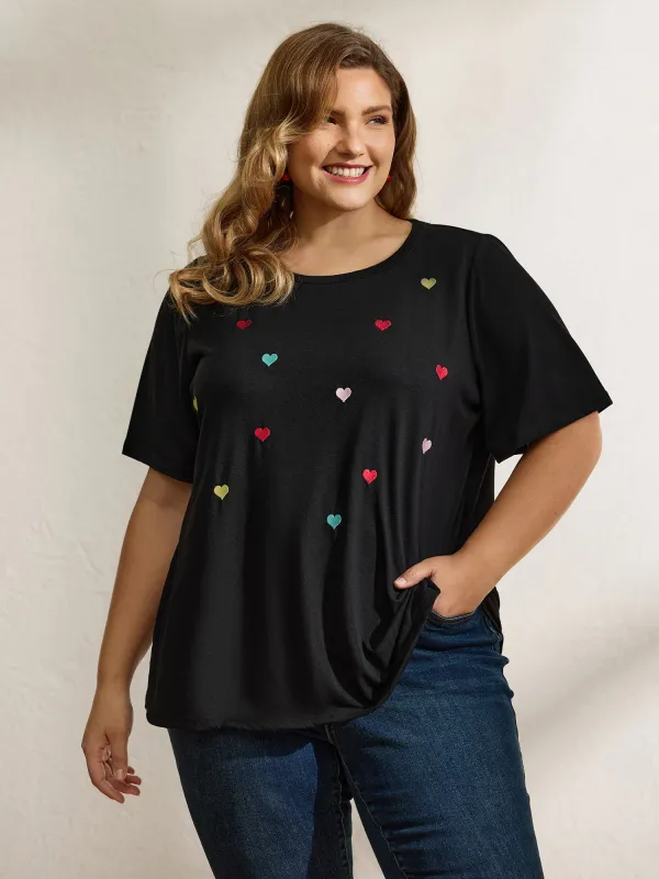 Embroidered Hearts Stretchy Round Neck T-Shirt sold by Bloomchic