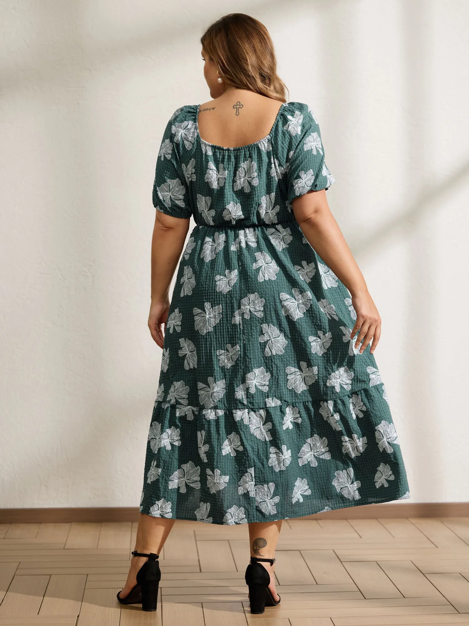 Floral Plaid Print Puffy Sleeve Midi Dress sold by Bloomchic product image thumbnail 4