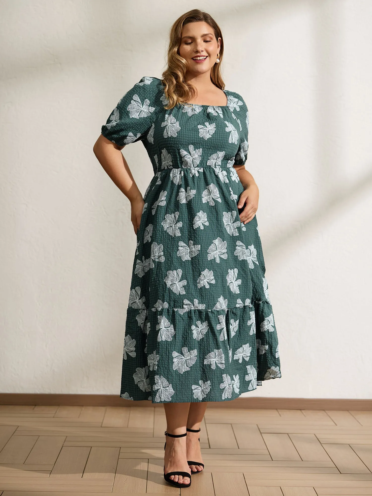 Floral Plaid Print Puffy Sleeve Midi Dress sold by Bloomchic product image thumbnail 3