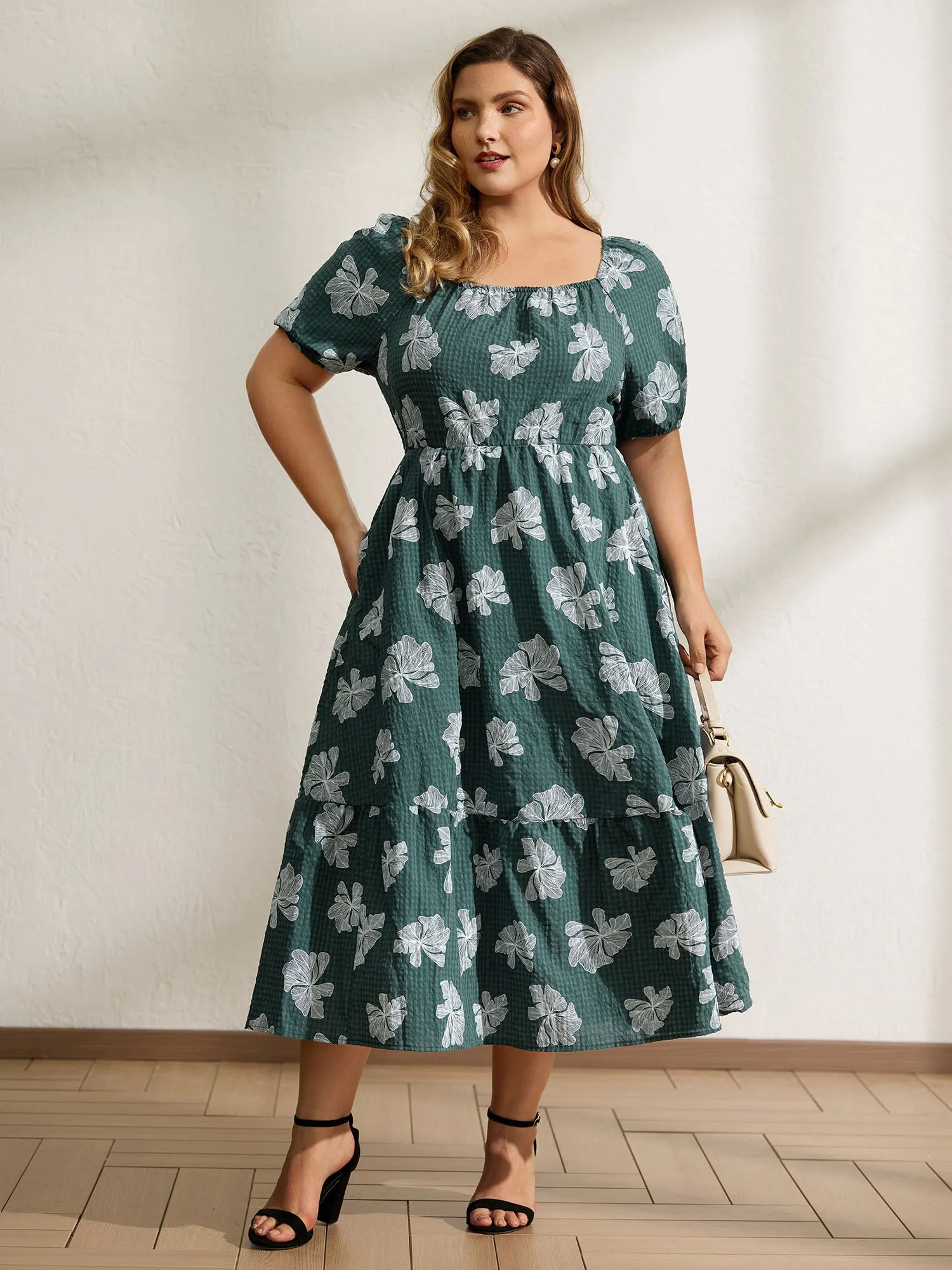Floral Plaid Print Puffy Sleeve Midi Dress sold by Bloomchic
