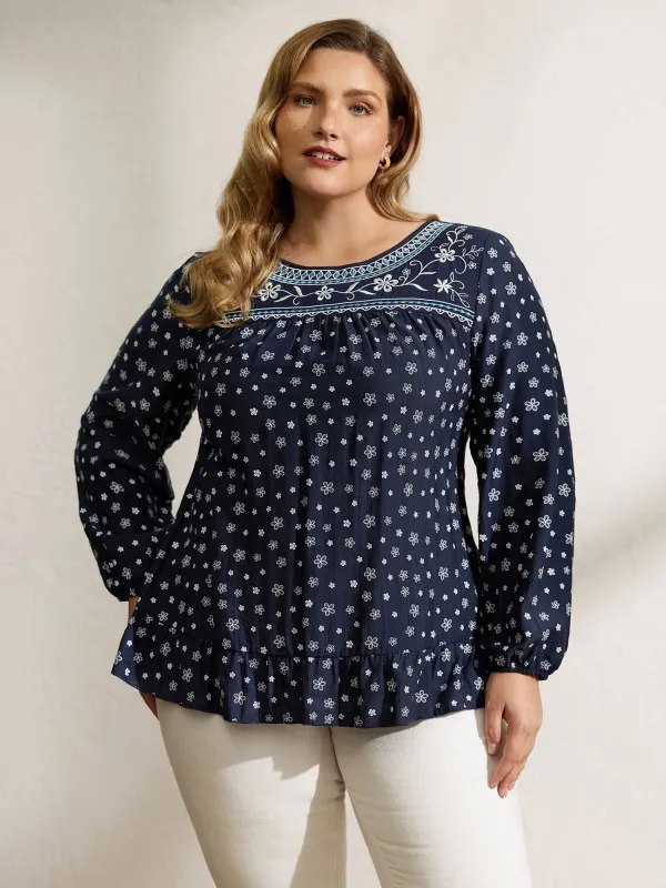 Supersoft Embroidered Ruffled Hem Blouse sold by Bloomchic