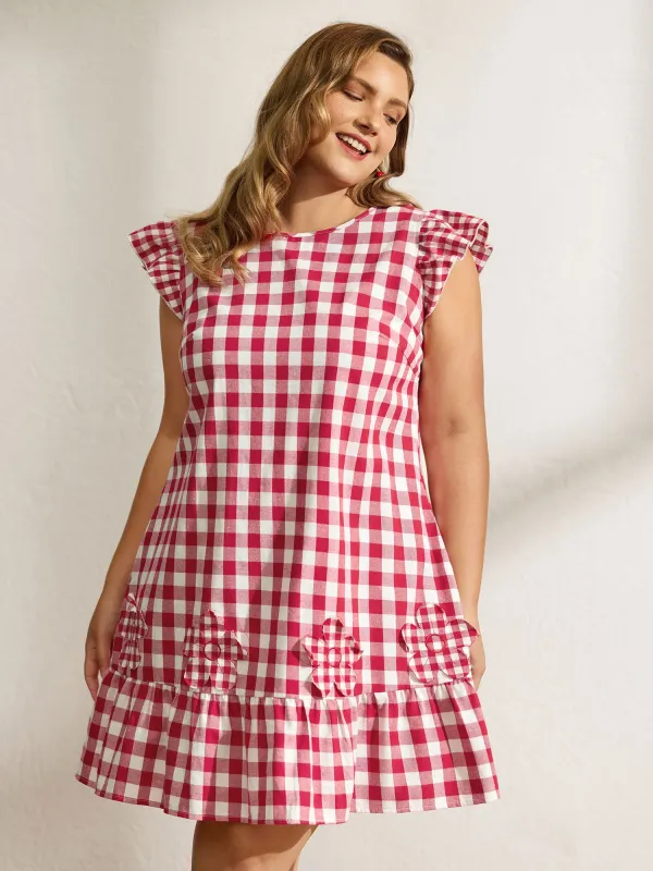 Cotton Gingham Embroidered Ruffled Hem Knee Dress sold by Bloomchic