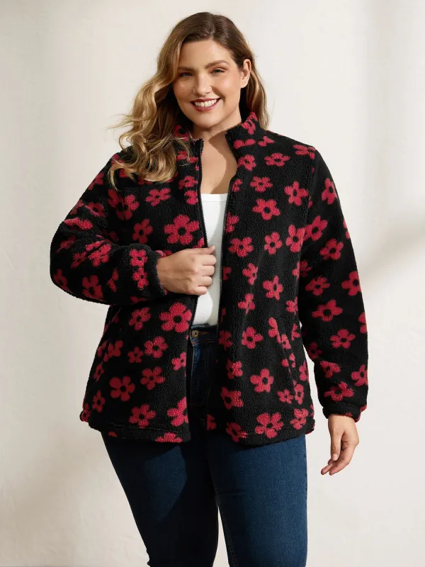 Jacquard Plush Floral Zipper Jacket sold by Bloomchic
