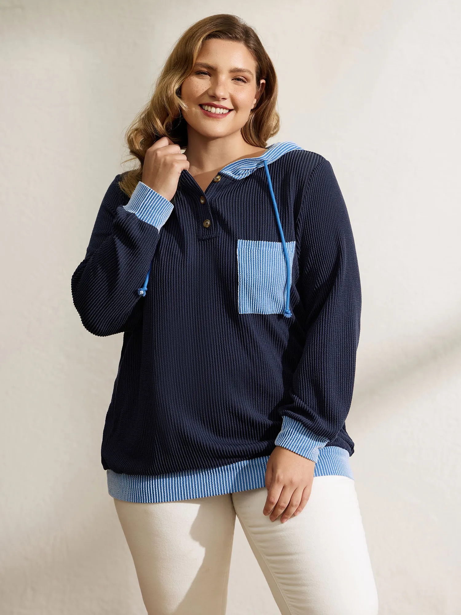 Color Contrast Textured Spliced Hoodie sold by Bloomchic