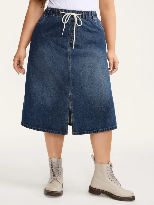 Drawstring Front Slit Stretchy Waist Midi Denim Skirt sold by Bloomchic