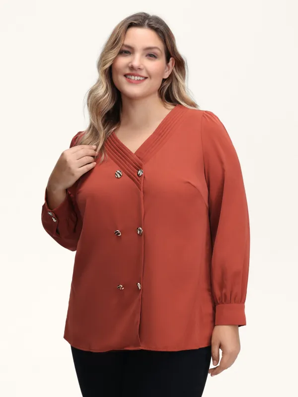 Pleated Neckline Metallic Buttons Blouse sold by Bloomchic