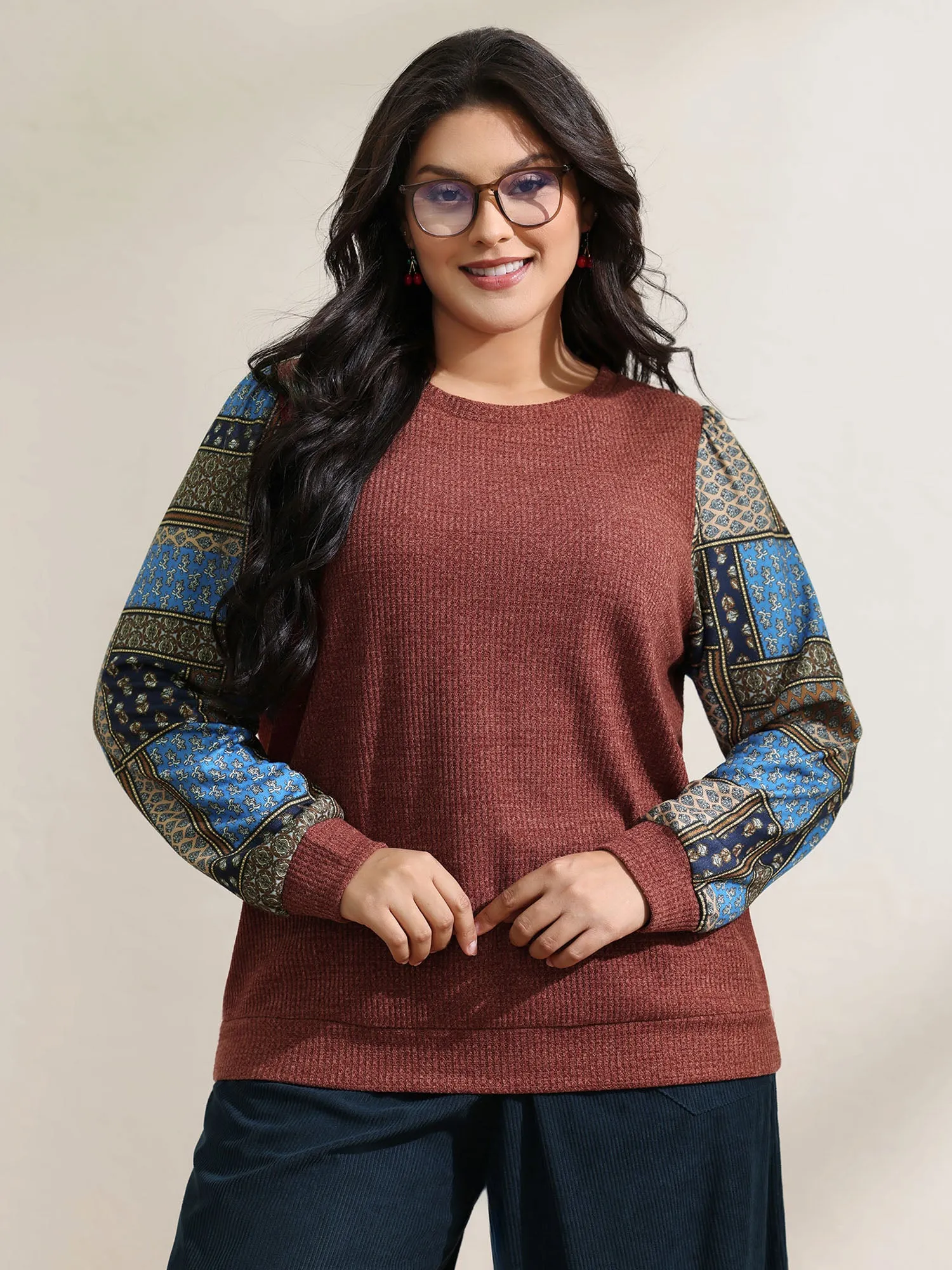 Cozy Collage Print Sleeve Contrast Sweatshirt sold by Bloomchic