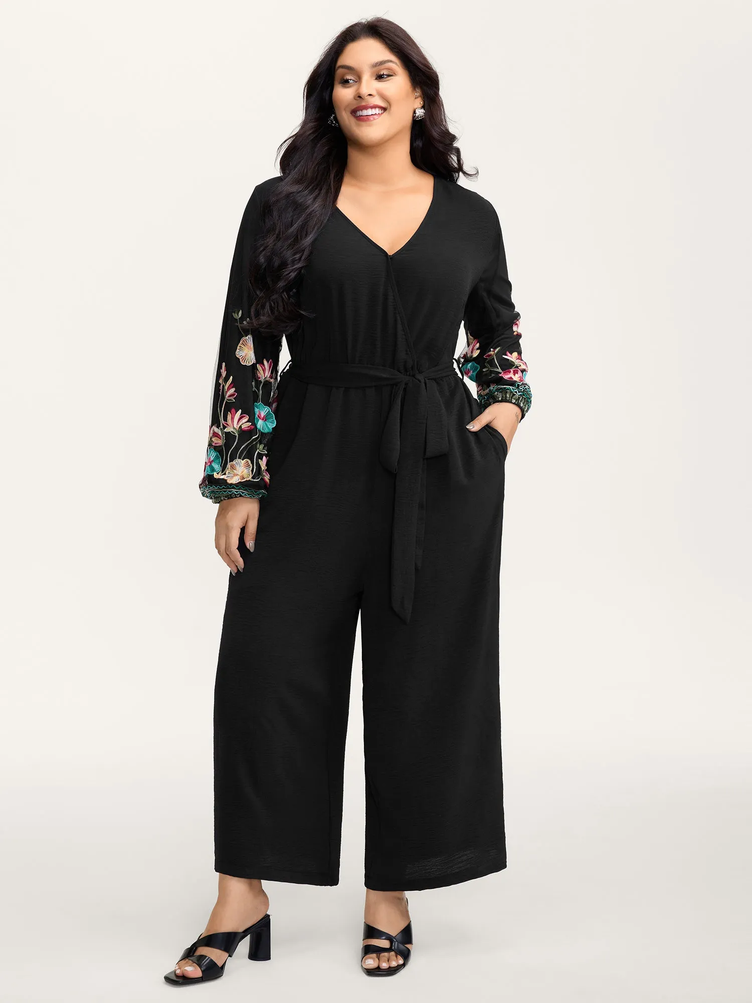 Floral Embroidery Waist-Tie Jumpsuit sold by Bloomchic product image thumbnail 3