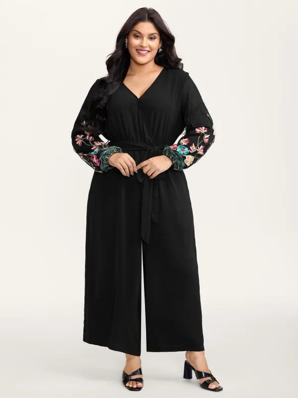 Floral Embroidery Waist-Tie Jumpsuit sold by Bloomchic