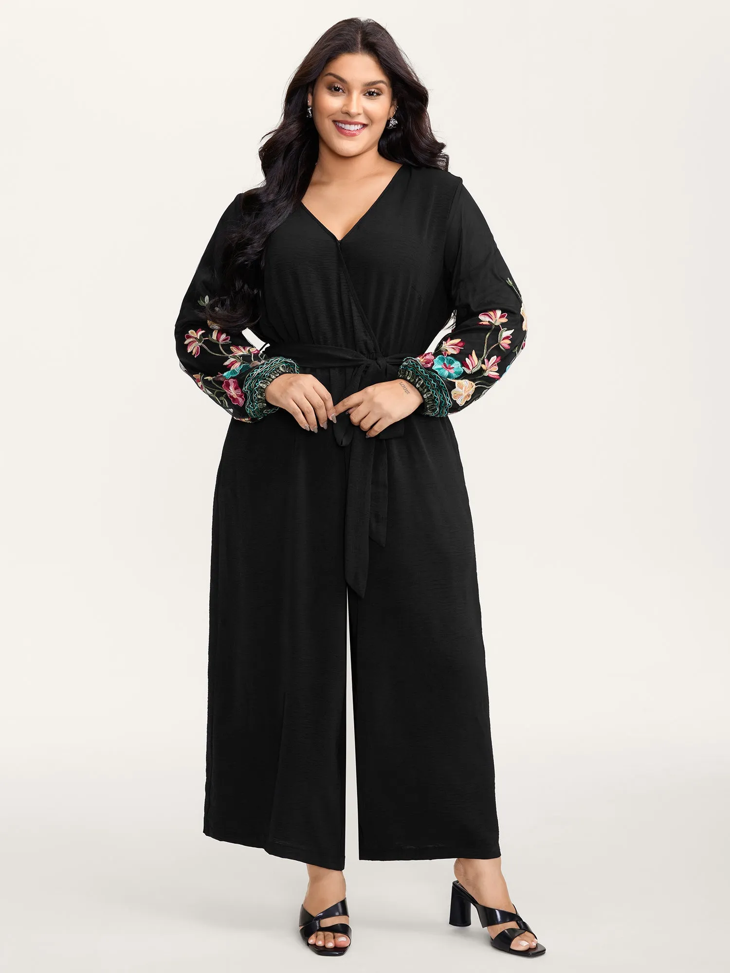 Floral Embroidery Waist-Tie Jumpsuit sold by Bloomchic