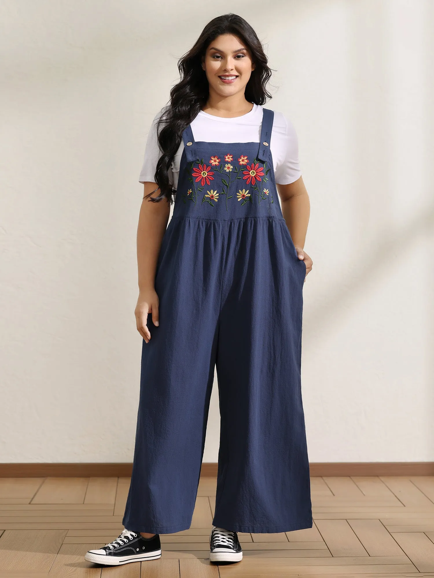 Pure Cotton Floral Embroidery Overall Jumpsuit sold by Bloomchic