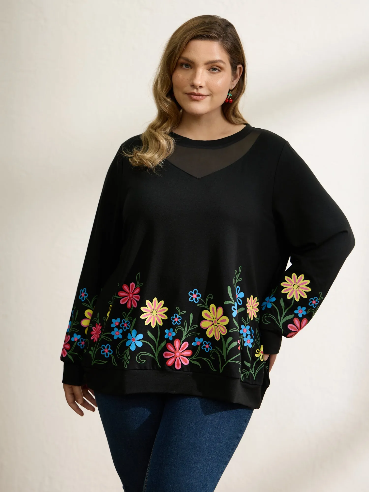 Floral Sheer Lined Contrast Sweatshirt sold by Bloomchic