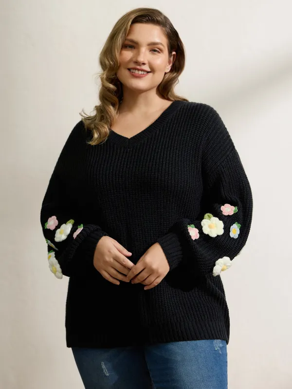Crochet Floral Pattern V-Neck Pullover sold by Bloomchic