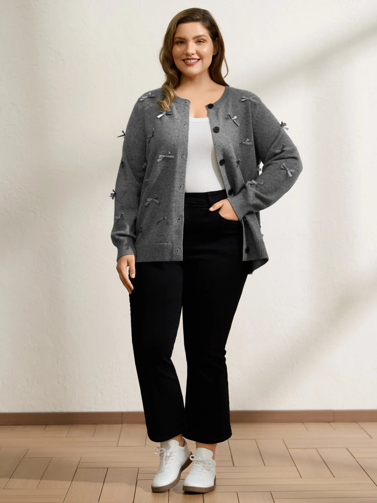 3D Bowknot Round Neck Knit Cardigan sold by Bloomchic product image thumbnail 3