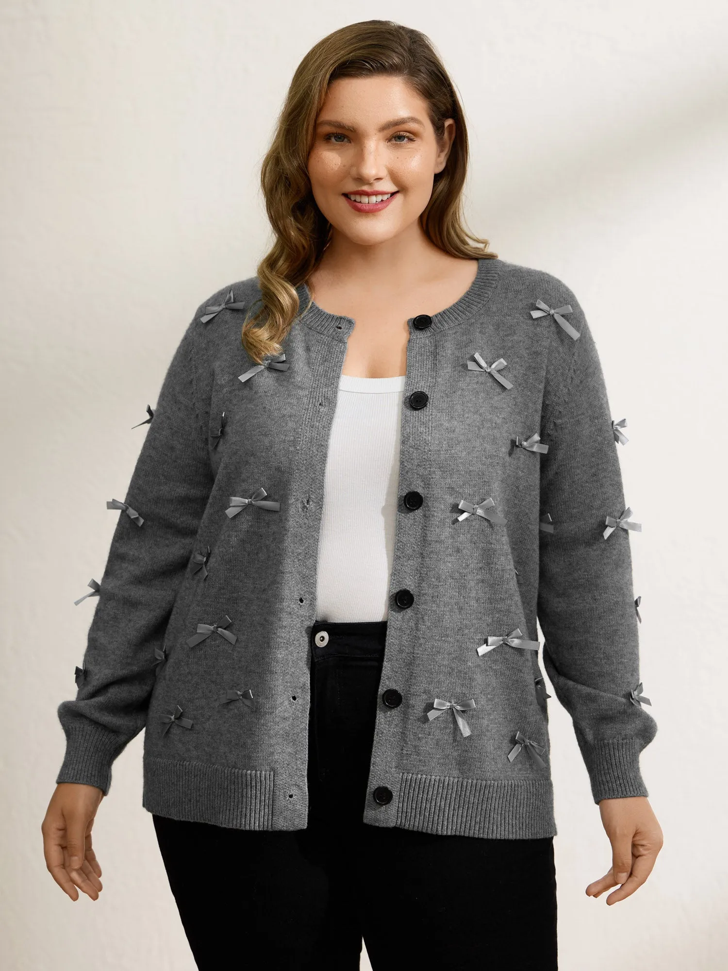 3D Bowknot Round Neck Knit Cardigan sold by Bloomchic