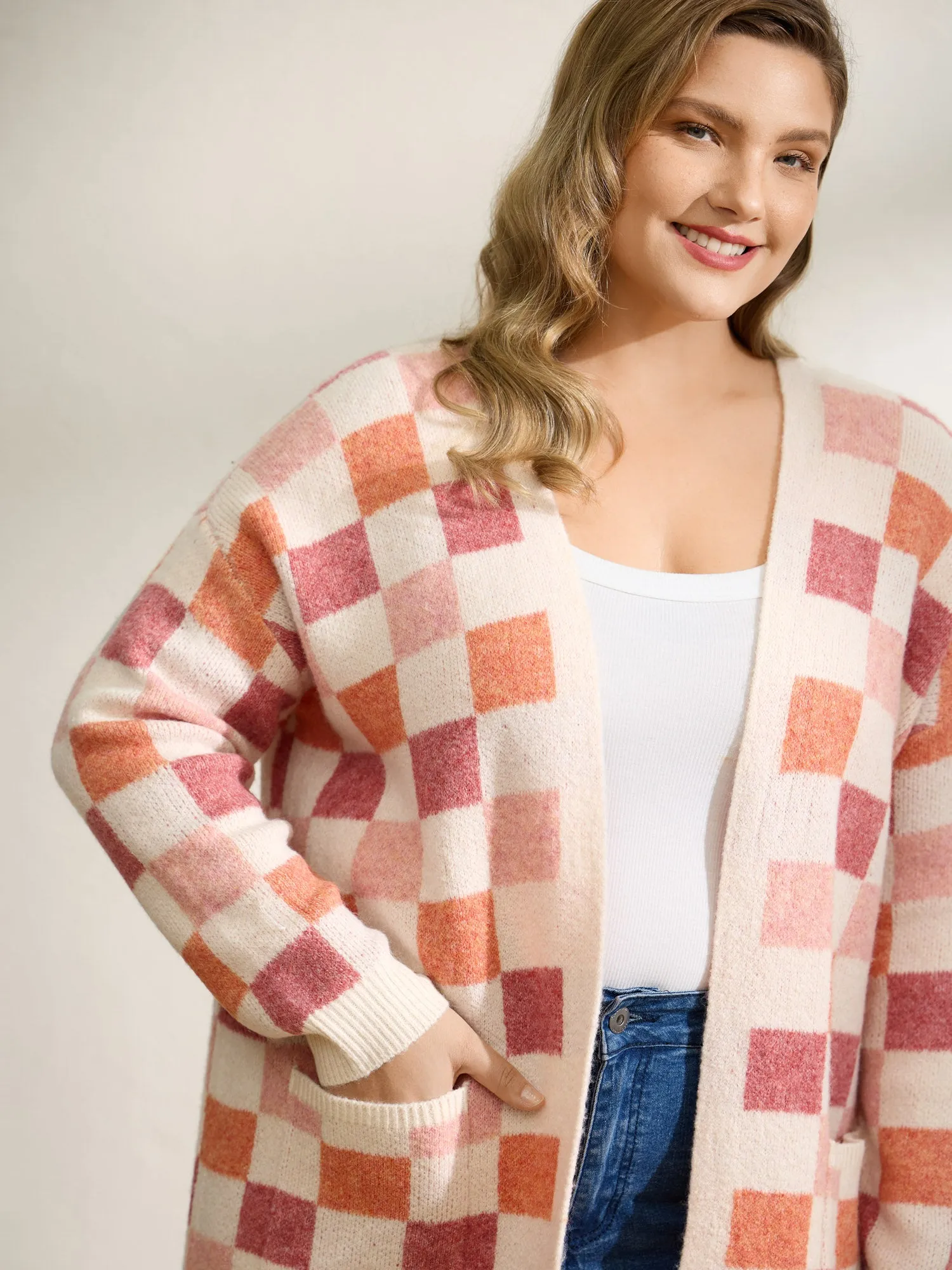 Checkered Color Contrast Open-Front Cardigan sold by Bloomchic product image thumbnail 2