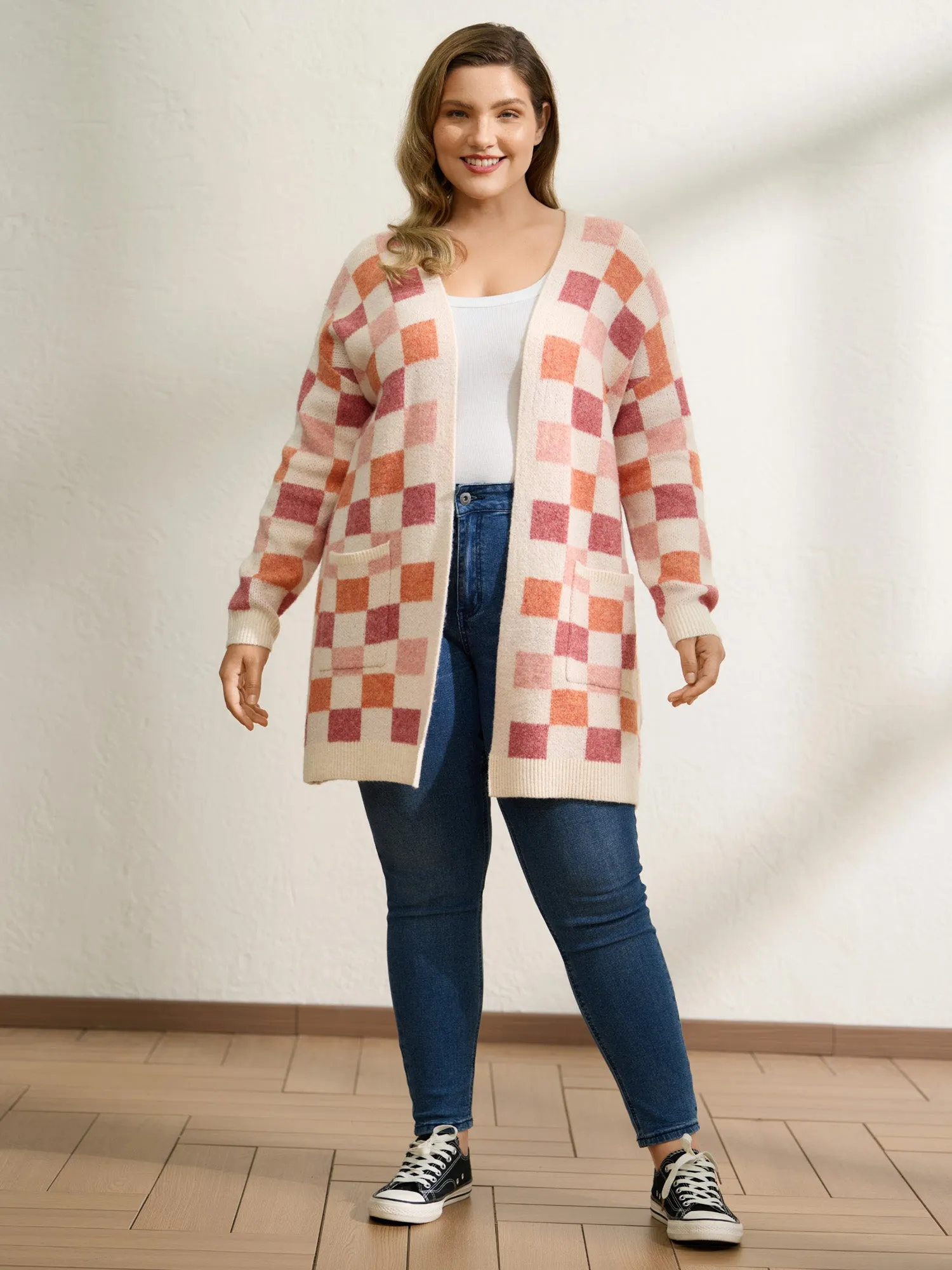 Checkered Color Contrast Open-Front Cardigan sold by Bloomchic product image thumbnail 3