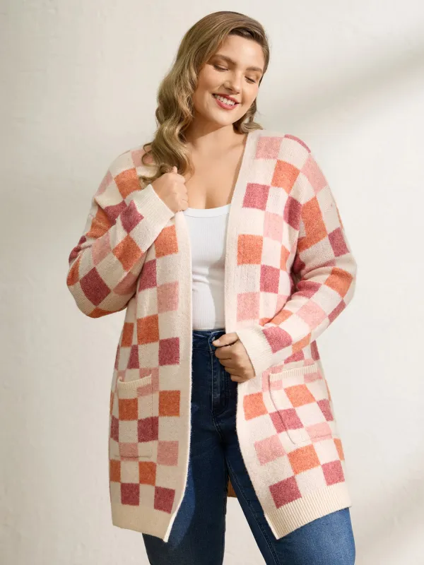 Checkered Color Contrast Open-Front Cardigan sold by Bloomchic