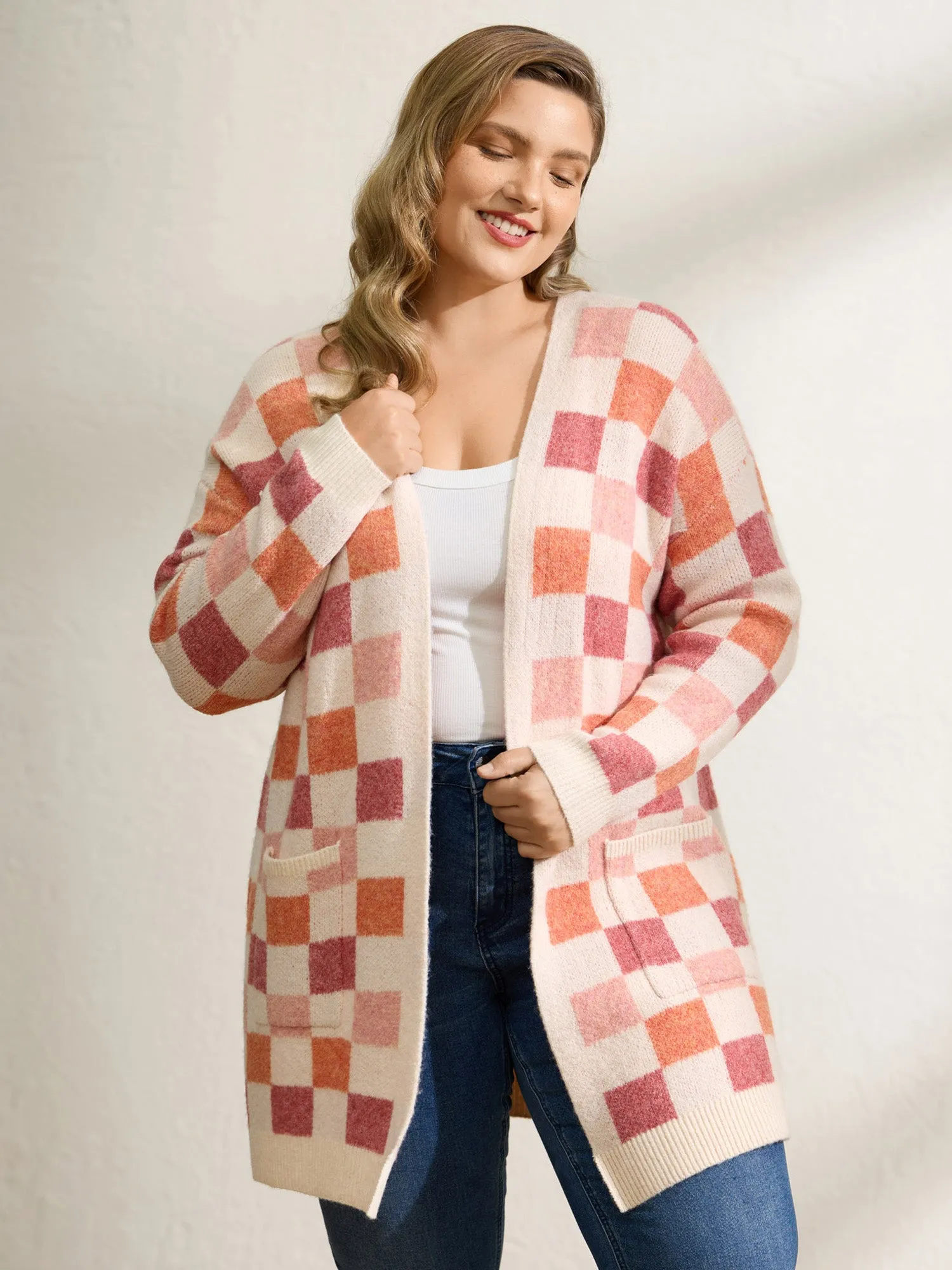 Checkered Color Contrast Open-Front Cardigan sold by Bloomchic