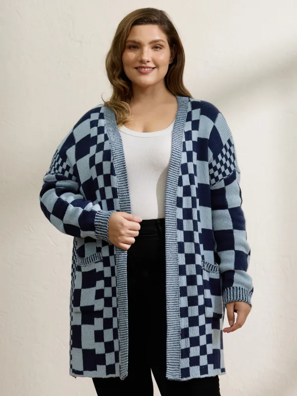 Checkered Relaxed-Fit Drop Shoulder Cardigan sold by Bloomchic